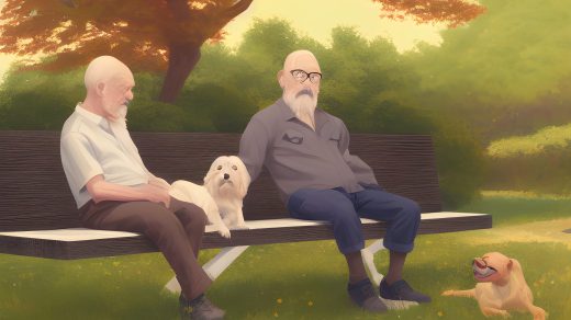 older man sitting on a garden bench in a garden with a dog by his feet ilya kuvshinov,lya kuvshinov, cgsociety, artstation, highly detailed, digital painting