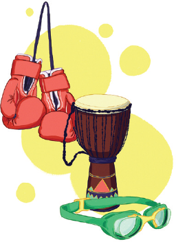 Illustration of a boxing glove, drum, and swimming goggles
