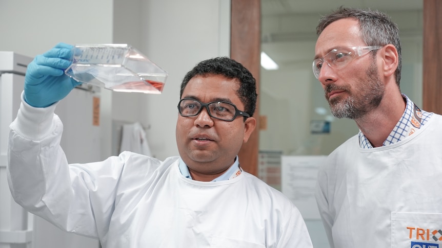 Two men wearing white jackets and protective glasses look up at a vessel holding red liquid.