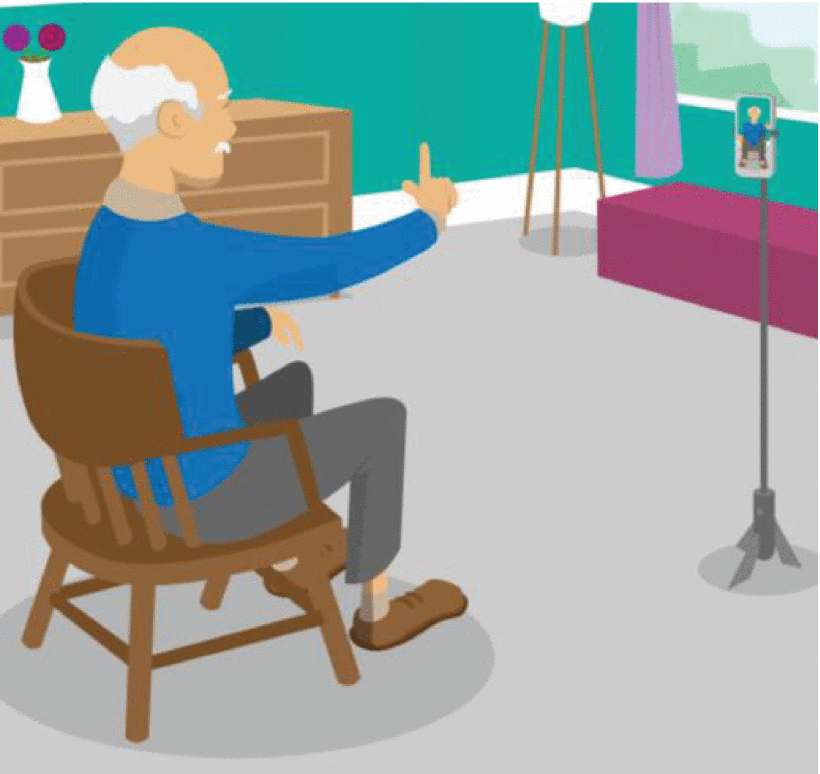 Recording set-up and environment. Subjects sit in front of a standard video camera and perform the Finger Tapping task. The task is recorded, and the video is stored for processing. The task performance is guided by an expert clinician who provides a clinical score.