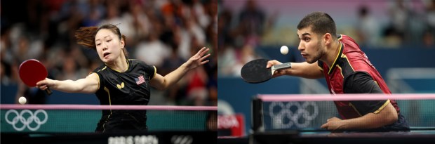 Left, Lily Zhang, who grew up in Palo Alto, with Team United States, competes against Yubin Shin of Team Republic of Korea, and Kanak Jha, of Milpitas, with Team United States, competes against Panagiotis Gionis of Team Greece during the Olympic Games in Paris. (Photo by Jared C. Tilton/Getty Images)