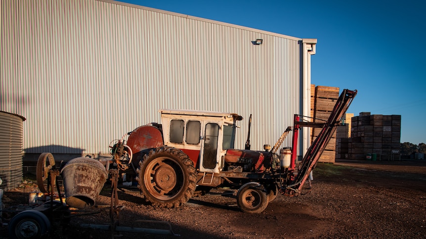 A rusty old tractor sits beside a tall shed, on a bright sunny day.