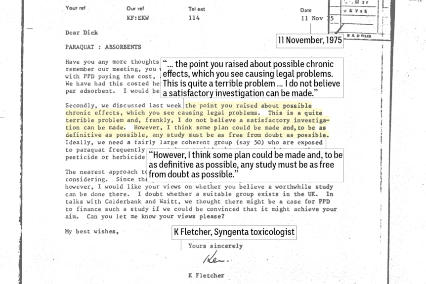 A scanned letter from 1975 has a portion of text highlighted, with excerpts repeated in text boxes