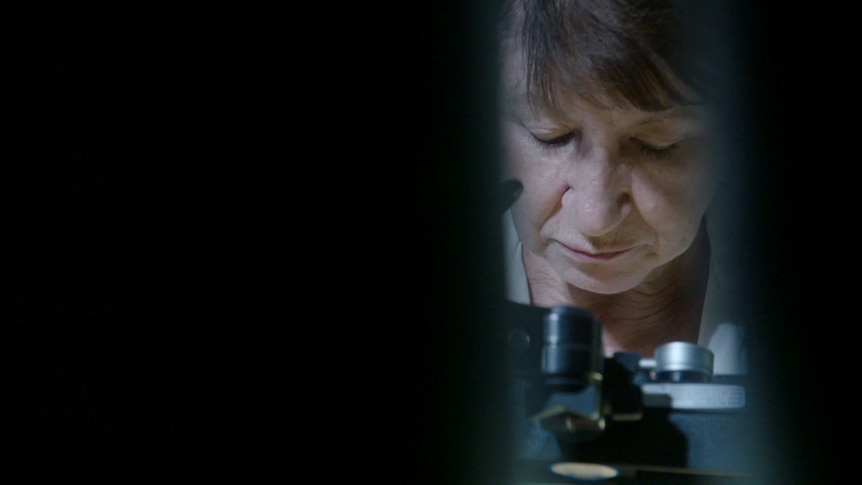 A middle-aged woman with short haircut is seen through dark gap looking into microscope