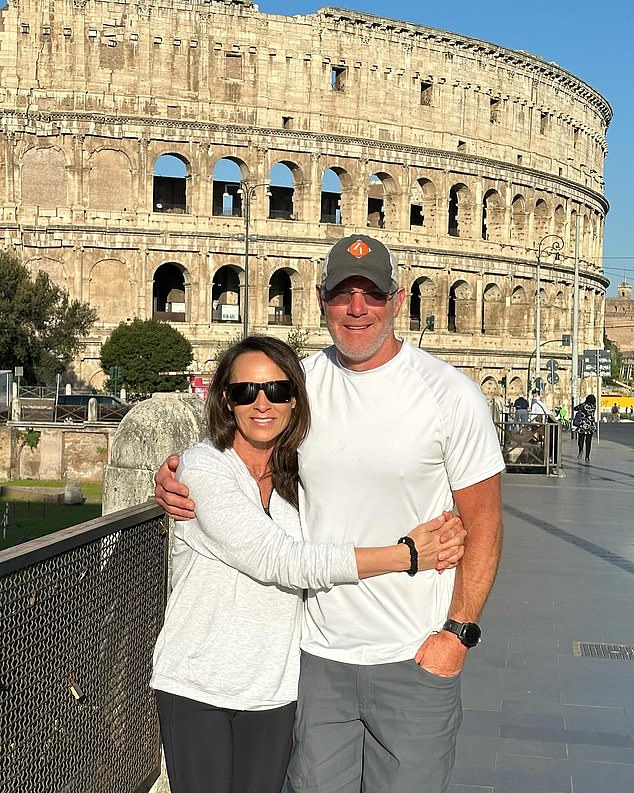 Brett Favre, 54, and his wife Deanna are pictured in Rome. Favre has been retired since 2011