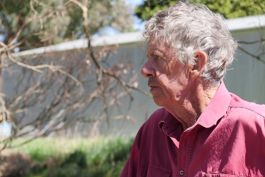 A man with grey hair and a maroon coloured collared shirt stands in front of trees, looking concerned.