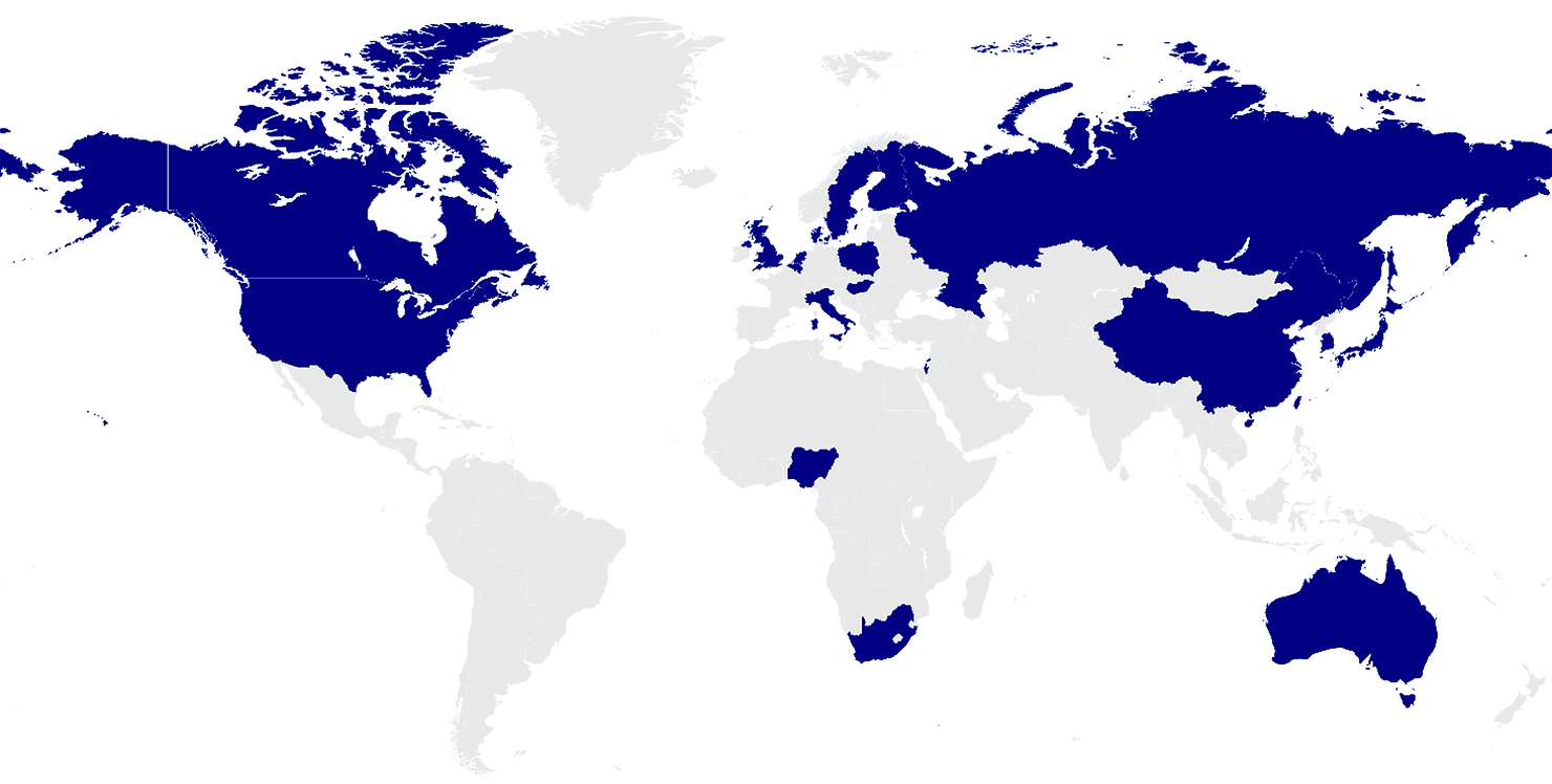 Countries with published studies of sites of groundwater TCE contamination. 