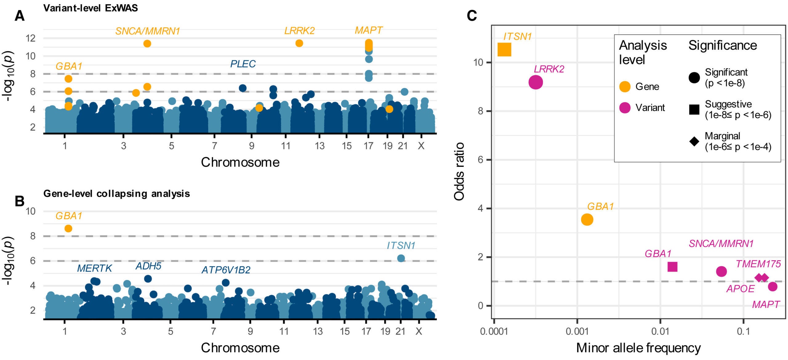 Manhattan plots of variant-level (A) and gene-level (B) associations with PD in UKB Europeans.