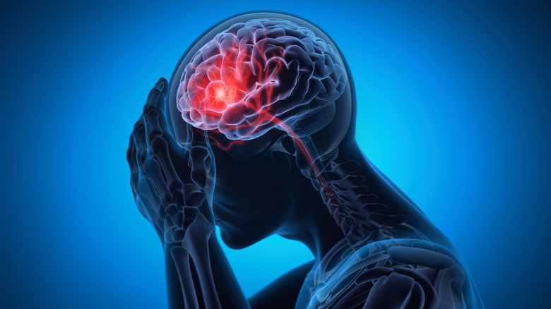 Depiction of the human body with view of the brain and interactive center.