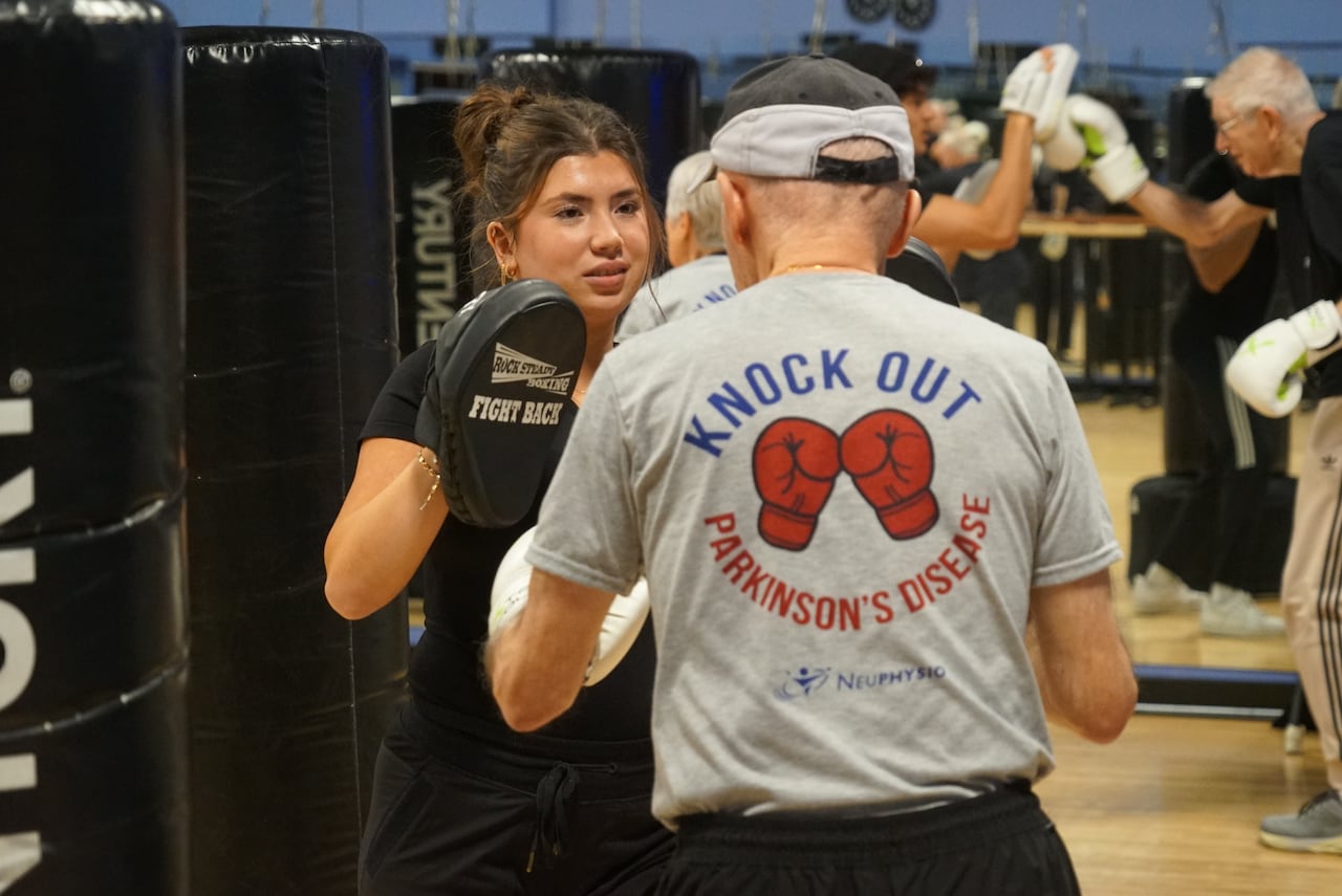 The boxing portion of KOPD classes includes punching bags and the use of boxing pads.