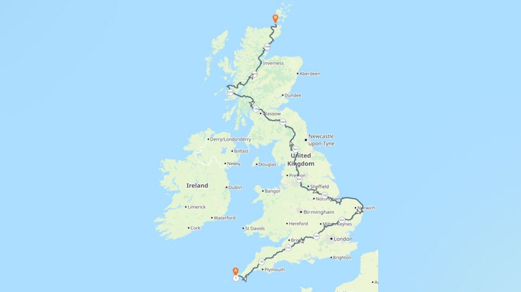 A map of the UK showing the walking route Mr Sharp will take during his 1,600 mile walking challenge. 