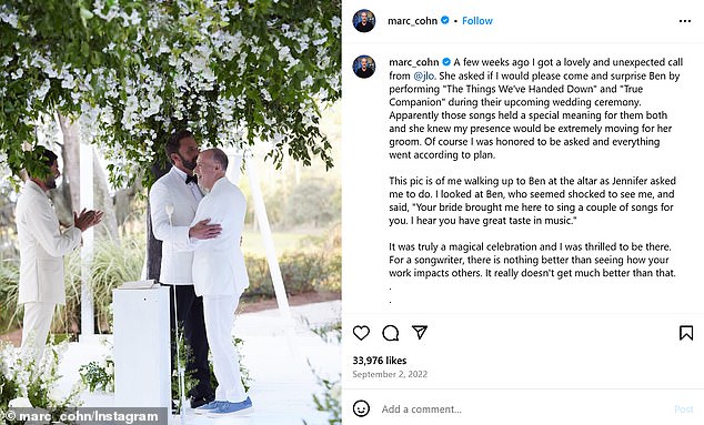 Marc took to his Instagram to share images of himself chatting with the Argo actor moments before the now exes exchanged vows; seen August 2022